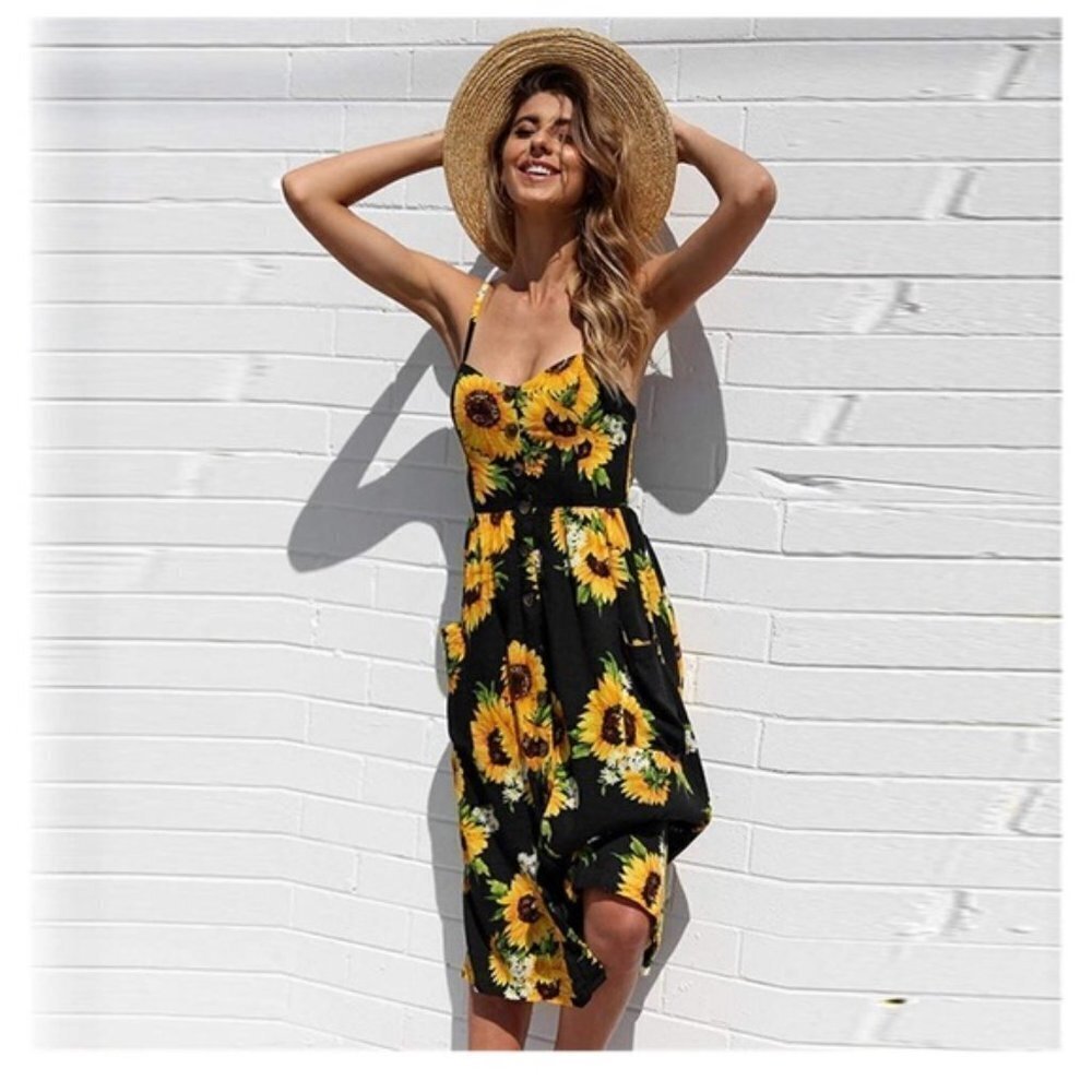𝅺black midi sunflower sun dress - Picture 2 of 3
